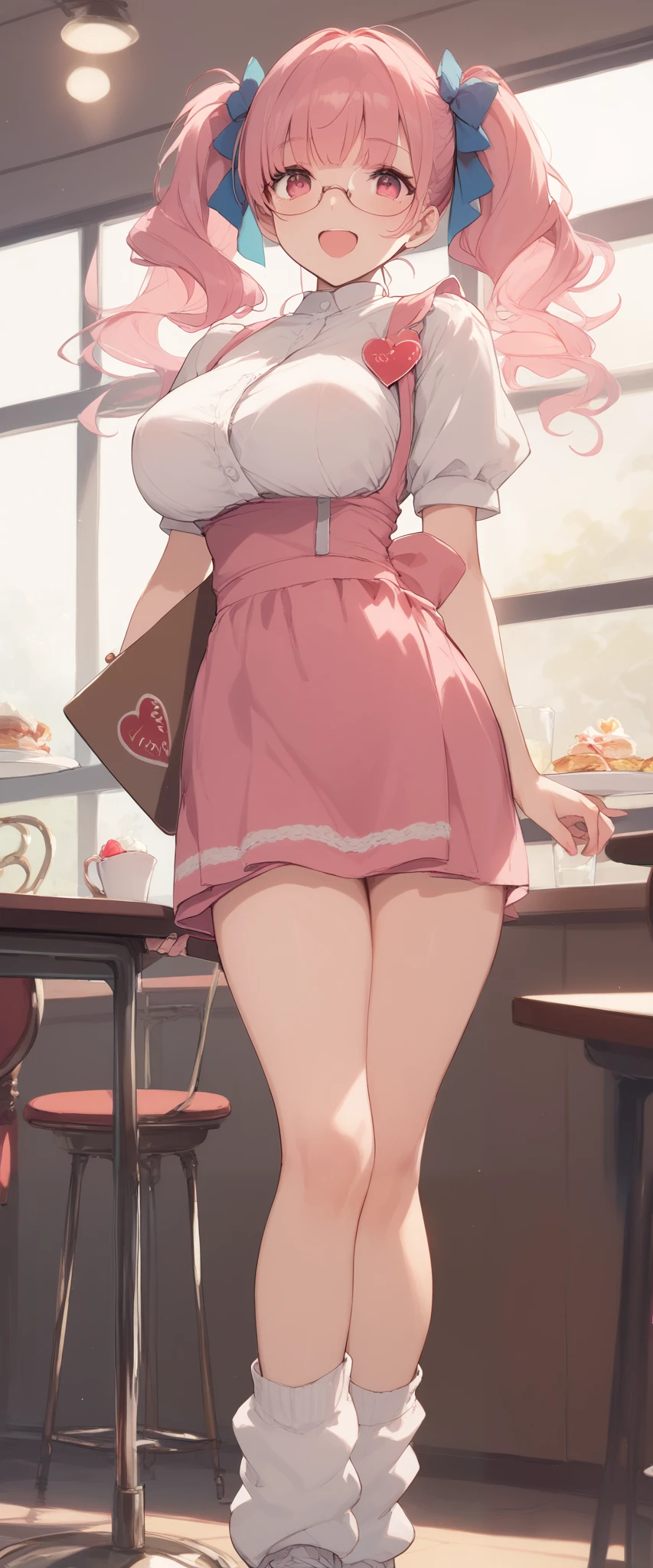   masterpiece, best quality, ultra detailed 8k, fantastic atmosphere, (perfect fingers, perfect hands), cute girl, (pink hair, twintails with large bow), yo, pink eyes, droopy eyes, glasses, smile, open mouth, large breasts, large buttocks, voluptuous, holding a tray, 
BREAK 
(waitress, white blouse, pink mini tight skirt, pink apron, heart-shaped name tag, white loose socks, white sneaker), american style restaurant
