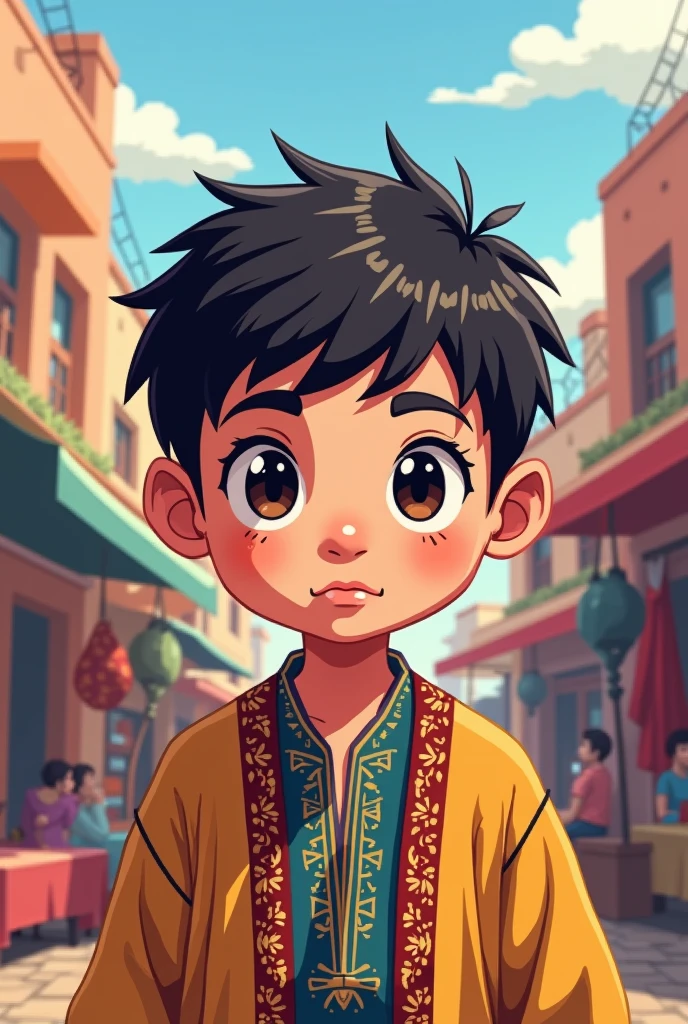 A costume representing popular Brazilian games that has elements such as kites, hopscotch, top, etc. A playful outfit worn by a child with indigenous features and dark hair cannot have a carnival reference. Sketch art 