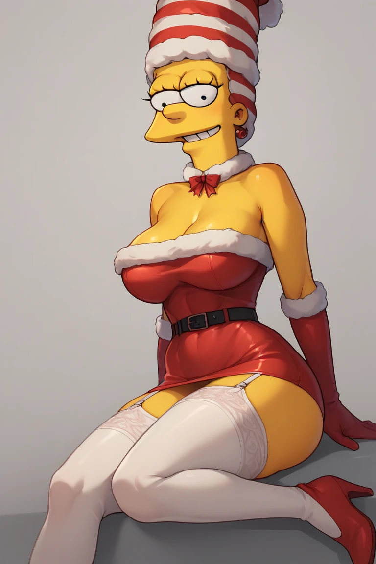  Marge Simpson very beautiful smiling with a super sexy body  (( big breasts)) showing off their sexy buttocks with a very sexy Christmas outfit consisting of a short ,  bright red velvet micro dress with white leather trim and a pronounced neckline,   cinched around the waist with a shiny black belt  . She wears white thigh-high tights with garter straps ,  combined with high-heel boots covered in leather on the top . 