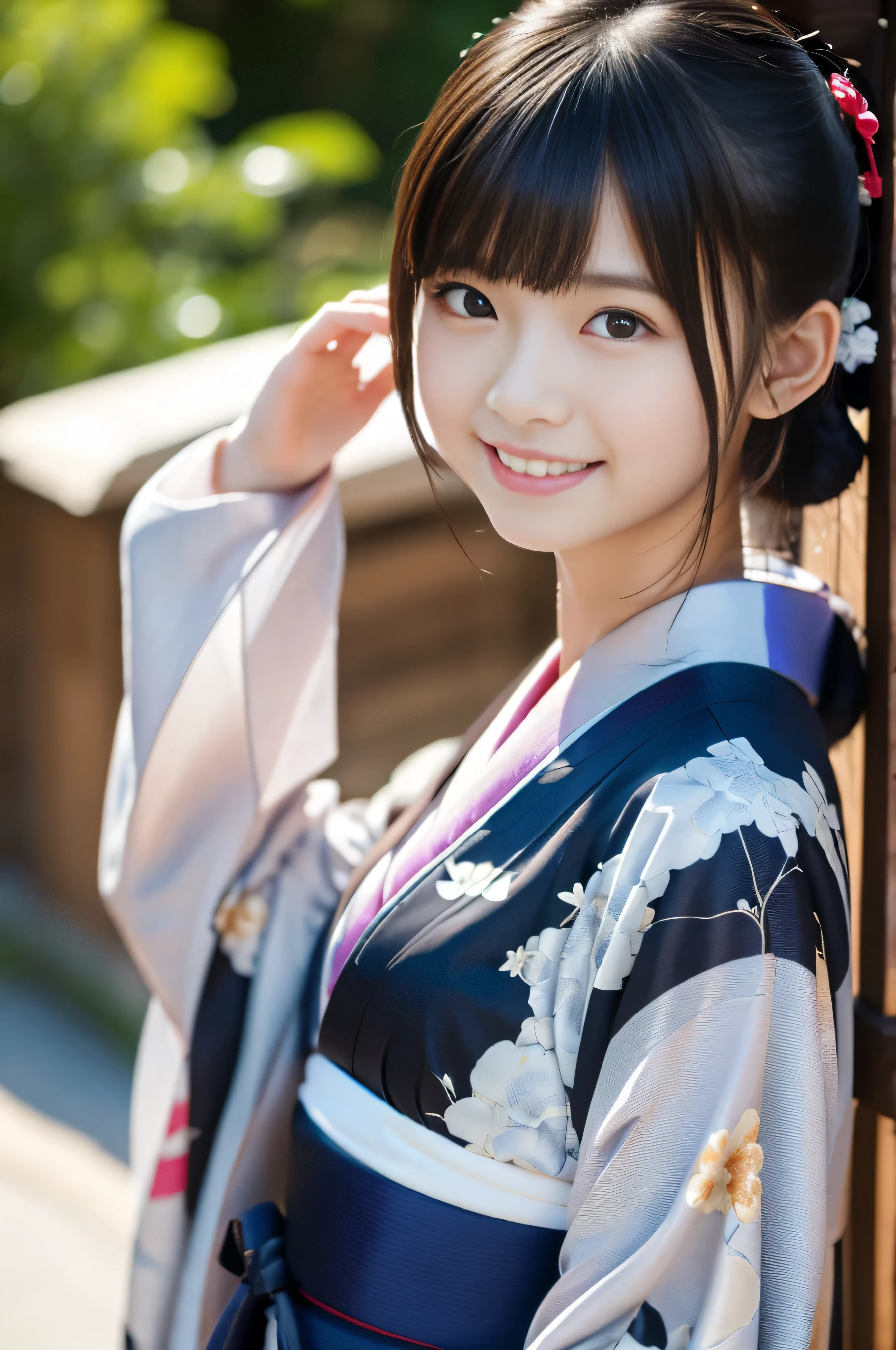 overtake high resolution, (realistic: 1.4), Raw photo, 最high quality, (Photorealistic), concentrated, soft light, ((15 years old)), ((Japanese)), (front, young face))), (Depth of the bounds written), (one piece), masterpiece, (Photoreal), woman, bangs、One beautiful Japanese model, 15 years oldwomanモデル, 4K、overtake high quality、bangs、black haired、kimono, furisode、Japanese style floral pattern:1.5、Idol-like overtake cute face:1.4、slim and beautiful body、beautiful breasts、laughter、Full body Esbian:1.2、Enhanced dynamic perspective，cute cute beautiful girl，beautiful skin, look at me and smile，simple background，works of masters，high quality，4K resolution，overtake