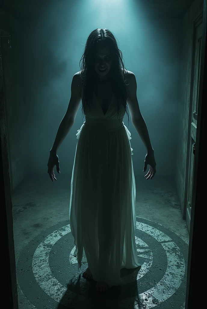 Une fille possede.par un demon qui porte une robe blanche dans le couloir une maison qui traine une chaîne