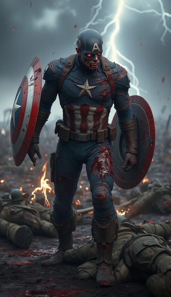 Captain America fighting zombies with a shotgun
