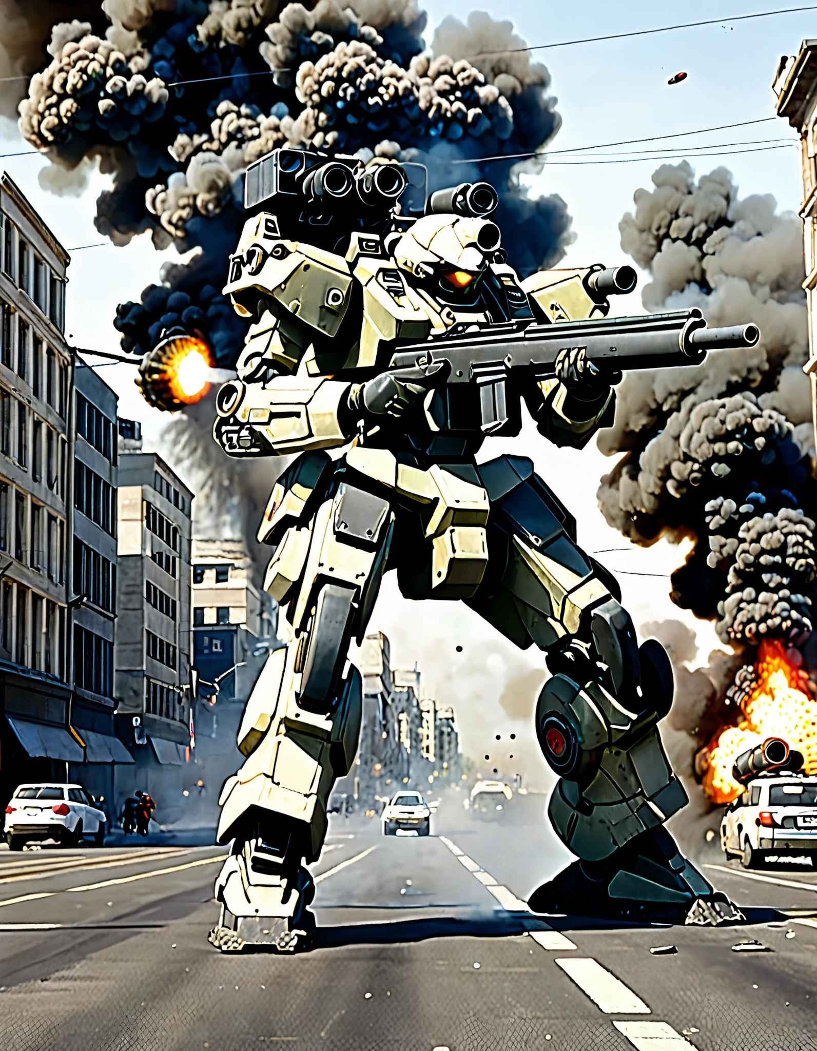 HRS,(a heavy mech:1.2), (hawken:1.2), MRS, military, battle, city, damaged, explosion, fire, (firing sniper rifle:1.2, muzzle flash:1.2, shell casings), mecha, realistic, science fiction, smoke, soldier, tank, war, weapon