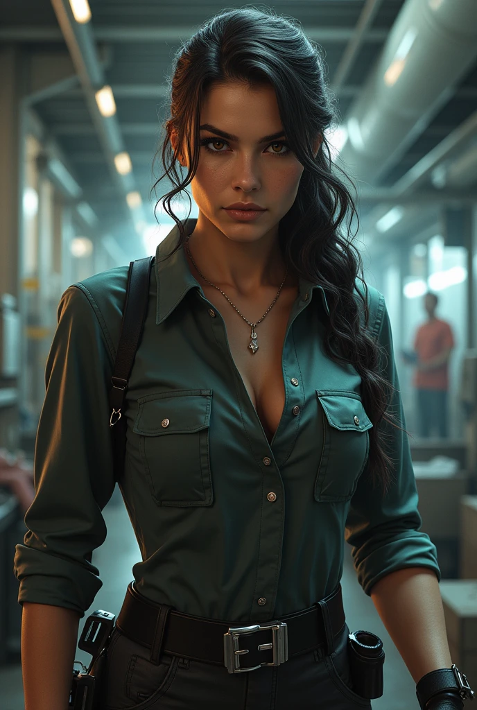 "An ultra-detailed 8k masterpiece best quality and high saturation. The image features a clothing illustration with a stunning thick european girl wearing a tight sheer leggings outfit, including tight open shirt, F cup, white sneakers, and a blue background."