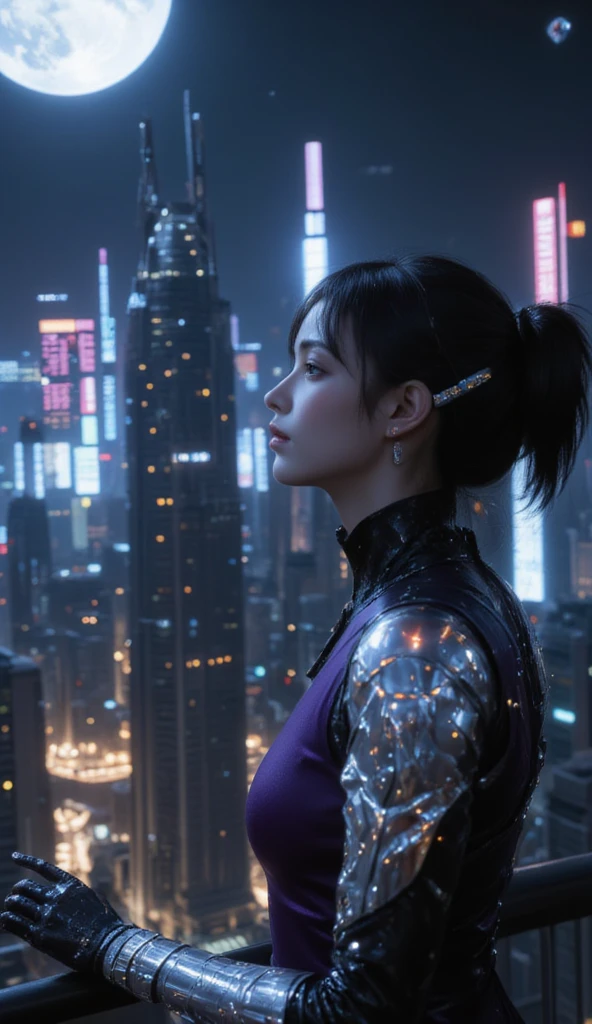 On a full moon night, atop the roof of a bustling cyberpunk city, an 18-year-old woman gazes up at the sky. Skyscrapers line the cityscape, neon signs glowing, casting colorful reflections on the night sky. In the background, a huge holographic advertisement and a floating car add to the futuristic atmosphere. The woman sports twin tails with dark hair, a shiny leather jacket, and a purple high-neck leotard. Opera gloves extend up to her shoulders, and complex circuits with glowing patterns adorn her prosthetic arm, emphasizing her cyborg features. She seems lost in deep thought, her face gently illuminated by the moonlight. Her gaze is fixed on a distant future city, giving her a philosophical demeanor.