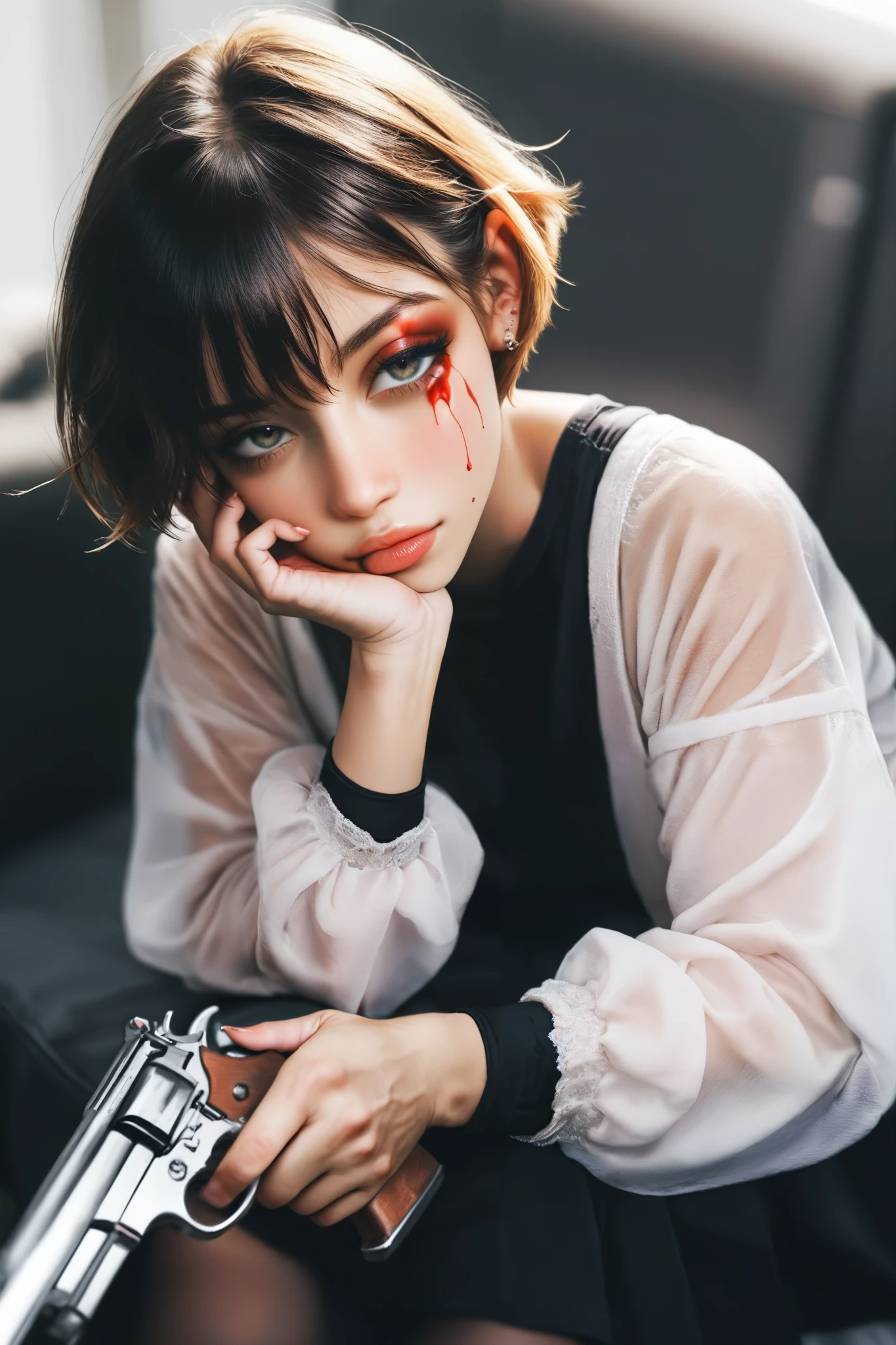 woman with short hair kissing a gun while blood falls from one of her eyes