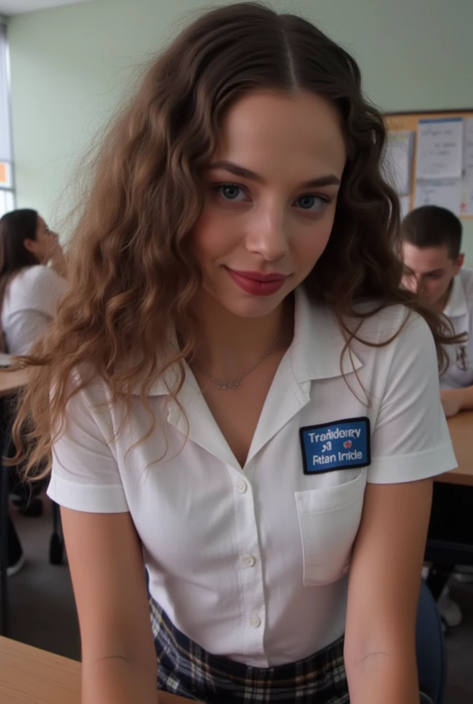 sissy, age 25, 8k (High definition), lumped shoulders, blue eyes, shy, lanky, tall, skinny arms, small breasts, sexy school girl, prep school uniform, smiling, cute girl, seductive look, plaid skirt, classroom background, , Caucasian skin, very long curly dark brown hair, 