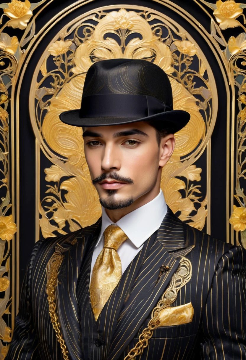 A portrait of a dashing man inspired by the Art Nouveau style, dressed in an elegant three-piece pinstripe suit with intricate golden chain details. The man has a serious and confident expression, with chiseled facial features. He wears a black flat cap and is surrounded by ornate architectural elements typical of Art Nouveau, featuring flowing lines and floral motifs in the background. The composition includes soft, muted tones with accents of gold and deep blacks to emphasize the contrast. The lighting is gentle, highlighting the textures of the suit and the intricate patterns in the background, giving a refined, vintage atmosphere