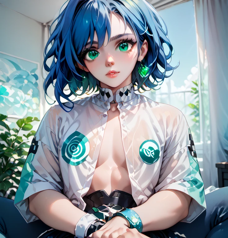  light blue hair、 green eyes、 creampied