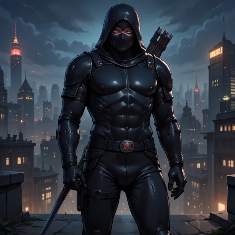 A black leather full-body image 、and a hood, Close-up of a hooded person in invisible armor . wears leather armor, Tights.epic ninja suit, Rogue.Leather fit to cover the whole body. smooth leather .Boy Teenage Assassin , stealth suit , Cyberpunk assassin ,  stand stand at attention on the roof of a skyscraper.Handheld composite mechanical giant bow . black night . Dark atmosphere .Low light.Weak lights cast dramatic shadows. Weird cyberpunk atmosphere . cyberpunk city.Futuristic tech style.
Big crotch bag.collar