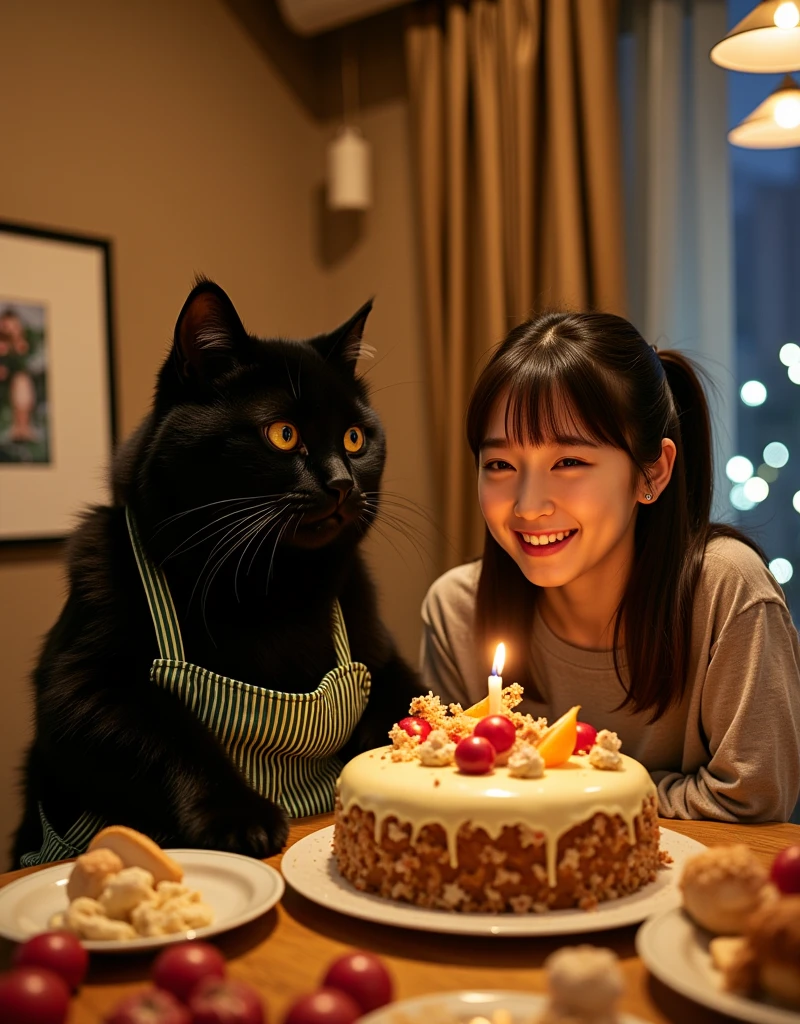 ultra-realistic, photorealistic, dramatic scene, shadow, global-illumination, (the human-like very large black chubby cat with vertical striped green apron is holding a gorgeously decorated Christmas cake at the dining table in the stylish Japanese apartment room), (A beautiful with cute Japanese 20 years old girl is looking at the cake with candle), (20 years old girl with shoulder-length brown ponytail hair is showing big smile), the girl looks so happy, some plates of many kind of gorgeous delicious food for Christmas dinner are on the table, a TV and table and shelf are in the room, gorgeously decorated with Christmas decorations