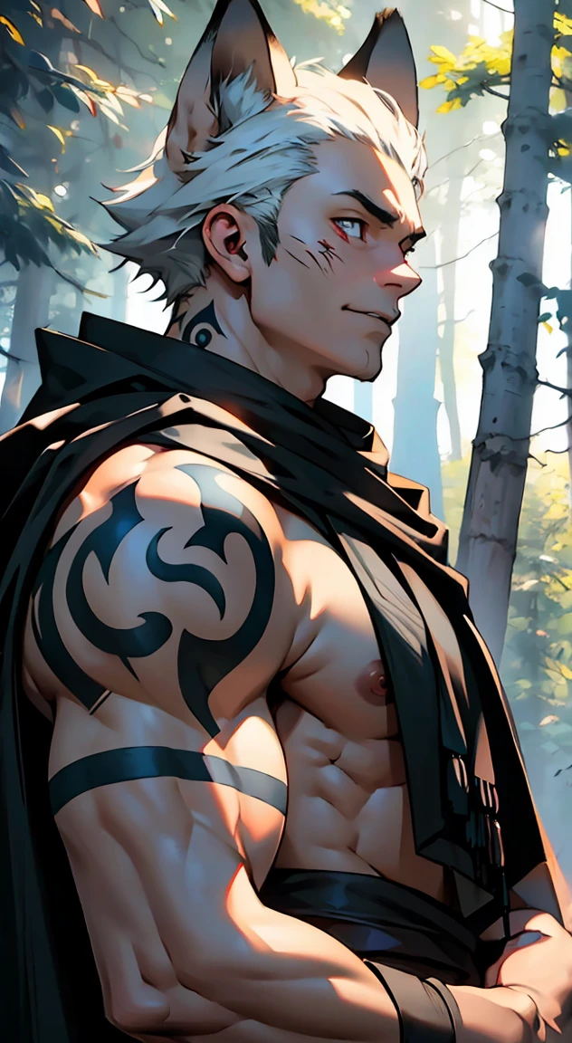 Ultra detailed, highres, absurdres, HDR, master piece, Ryoumen Sukuna, pink hair, expressive red eyes, Jujutsu Kaisen, water, autumn, petals, orange and yellow leaves, sexy man, solo, handsome, black shirt, black long coat, red, toned chest, best quality, black pants