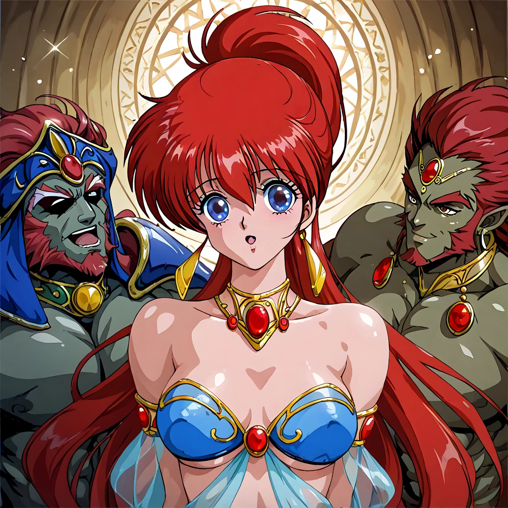 (( top quality )), ((masterpiece)), ( Details), （ perfect face）、 Asagiri Yoko with red hair is the mistress of a member of Ganondorf's harem and is dressed brilliantly with jewellery accessories, wearing a gorgeous and glittering see-through red dancer from the Gerd tribe、Asagiri Yoko and her multiple harem mistresses line up to serve Ganondorf's side 