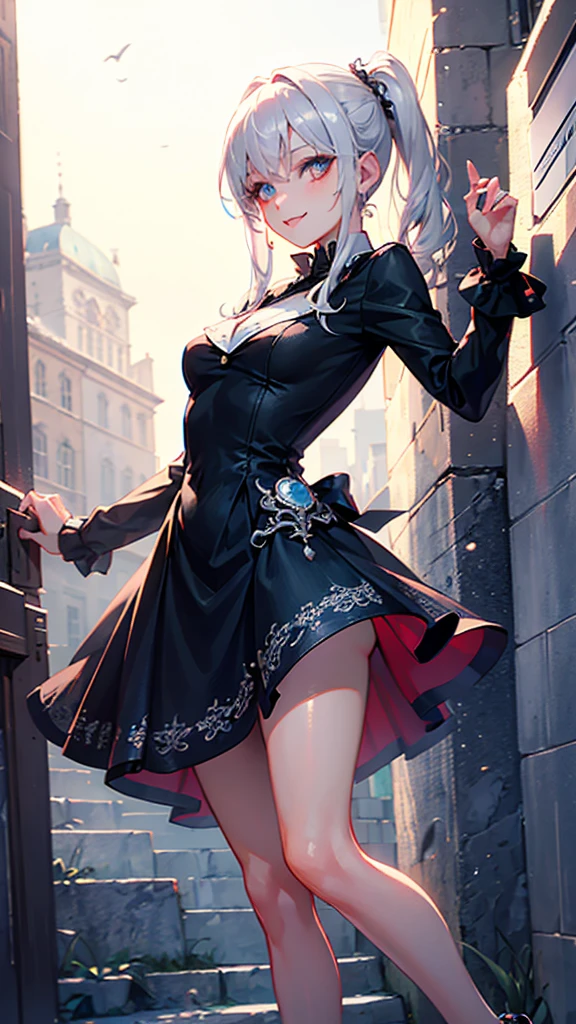 1girl\(cute,kawaii,,solo,silver hair,pony tail hair,shining eyes,cute smile, gothic dress, cute eyes, sexy pose,cute pose,quality, 8k, masterpiece,hight resolution,top-quality,top-quality real texture skin,hyper realisitic,increase the resolution, best qualtiy,highly detailed, full-body,dynamic angle,better hand