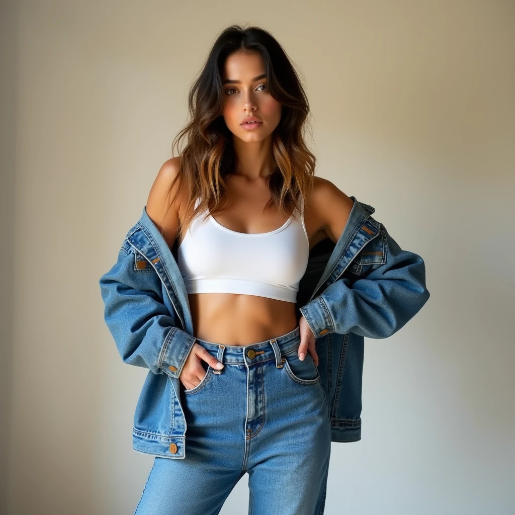 The full-body shot shows her against a light, airy backdrop. She is dressed in a stylish, cropped denim jacket over a fitted, white tank top, paired with high-waisted shorts. Her warm ivory skin glows against the casual, laid-back outfit. Her black hair is styled in a relaxed, tousled look. She stands with one hand adjusting the collar of her jacket and the other resting on her hip. Her relaxed, approachable demeanor is highlighted by the natural lighting, which enhances the texture of the denim and the simplicity of her look.