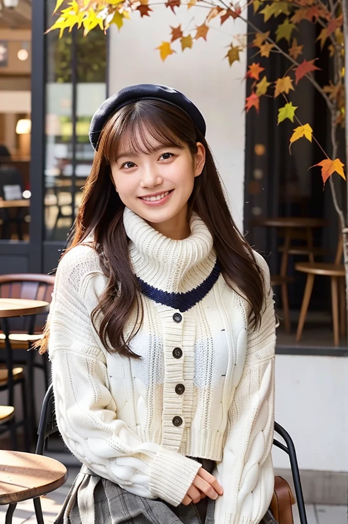 (masterpiece, best quality, perfect anatomy, highres, 8k, realistic, photorealistic, natural skin texture, no makeup:1.2), (afternoon:1.5), 1girl, solo, Japanese, age20, female university student, very cute, (large breasts:1.4), sitting at an outdoor café terrace, (She is smiling devilishly and shaping her textured knit scarf:1.5), her mini skirt and beret adding charm to her autumn outfit, Her long, straight hair is lightly swayed by a gentle breeze, creating a welcoming and warm scene, The café terrace is decorated with autumn leaves and cozy furniture, vertical composition, jp idol, inugao