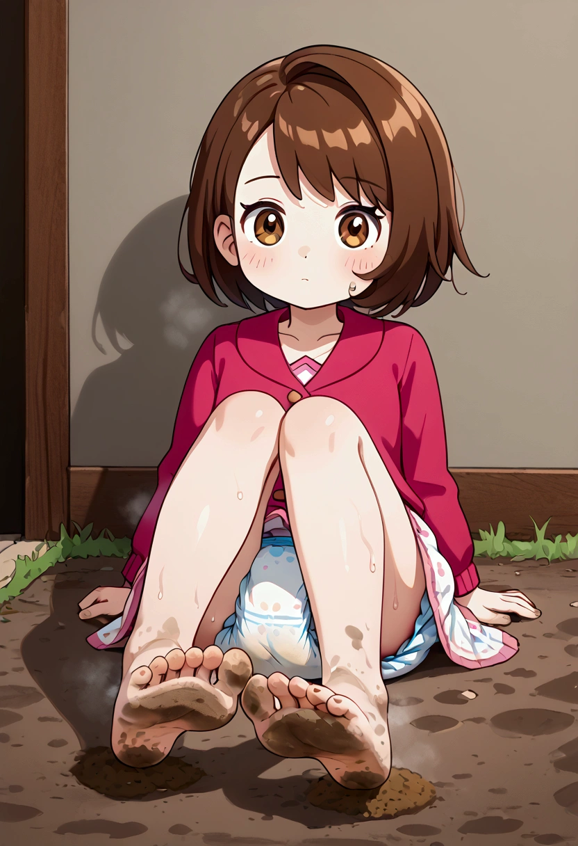 masterpiece, best quality, highres, gloria as a toddler, girl teenage sitting, wet diaper, very cute, adorable, curious, barefoot sole, foot focus, dirt, smelly, stinky, steamy, sweaty