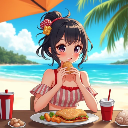 Girl in swimsuit having seafood barbecue