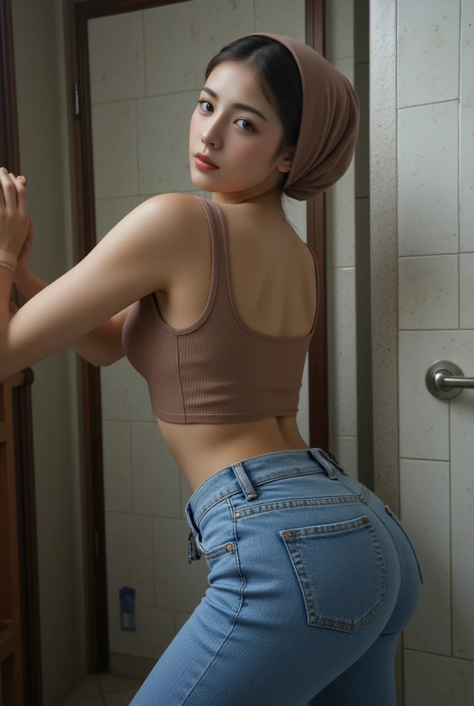 (RAW) high quality photo, resolusi 8k, Realistis. Beautiful woman in hijab on her head ,  wears tengtop and wears long blue jeans.  bends over showing her sexy ass and ass . Background toilet room.