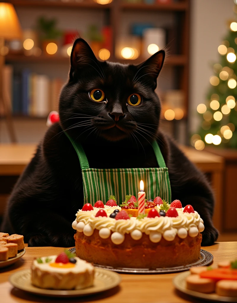 ultra-realistic, photorealistic, dramatic scene, shadow, global-illumination, (the human-like very large black chubby cat with vertical striped green apron is holding a gorgeously decorated Christmas cake at the dining table in the stylish Japanese apartment room), (A beautiful with cute Japanese 20 years old girl is looking at the cake with candle), (20 years old girl with shoulder-length brown ponytail hair is showing big smile), the girl looks so happy, some plates of many kind of gorgeous delicious food for Christmas dinner are on the table, a TV and table and shelf are in the room, gorgeously decorated with Christmas decorations in the room