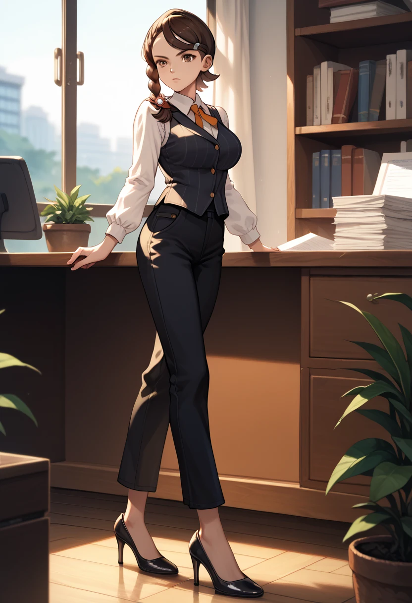 Solo, pokemonjuliana, braid, brown eyes, brown hair, hair ornament, hairclip, side braid, single braid, swept bangs, black sleeveless vest, black wide pants, high heels, white blouse, long sleeve blouse, indoors, office, standing, serious look, large breasts,