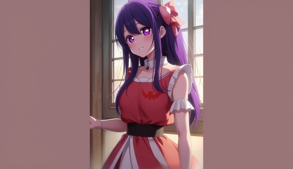 Score_9, Score_8_up, Score_7_up, source_anime BREAK 1girl, alone, looking at viewer, cowboy shot, Tohka Yatogami, long hair, purple hair, purple eyes, very long hair, ponytail, red bow, headband, white headdress, white shirt , collared shirt, buttons, open shirt, white panties, panties with side ties, on all fours, close-up, hanging breasts,
big breasts, smile, anime coloring, dentures in the skin, curves, naughty face, pursed lips, blushing, sweat, lips,
indoors, bedroom, sitting, window, starry sky,