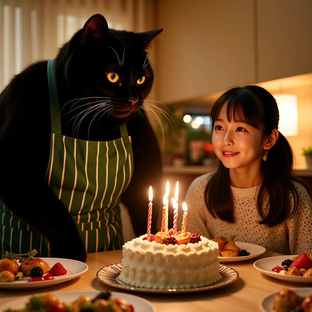 ultra-realistic, photorealistic, dramatic scene, shadow, global-illumination, (the human-like very large black chubby cat with vertical striped green apron is holding a gorgeously decorated Christmas cake at the dining table in the stylish Japanese apartment room), (A beautiful with cute Japanese 20 years old girl is looking at the cake with candle), (20 years old girl with shoulder-length brown ponytail hair is showing big smile), the girl looks so happy, some plates of many kind of gorgeous delicious food for Christmas dinner are on the table, a TV and table and shelf are in the room, gorgeously decorated with Christmas decorations in the room