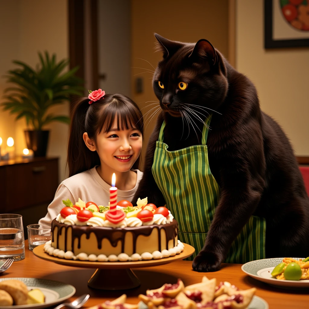 ultra-realistic, photorealistic, dramatic scene, shadow, global-illumination, (the human-like very large black chubby cat with vertical striped green apron is holding a gorgeously decorated Christmas cake at the dining table in the stylish Japanese apartment room), (A beautiful with cute Japanese 20 years old girl is looking at the cake with candle), (20 years old girl with shoulder-length brown ponytail hair is showing big smile), the girl looks so happy, some plates of many kind of gorgeous delicious food for Christmas dinner are on the table, a TV and table and shelf are in the room, gorgeously decorated with Christmas decorations in the room