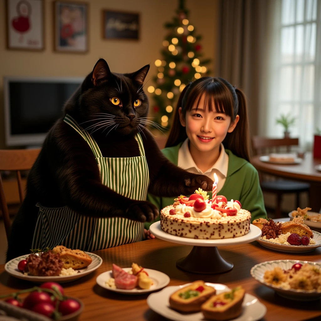 ultra-realistic, photorealistic, dramatic scene, shadow, global-illumination, (the human-like very large black chubby cat with vertical striped green apron is holding a gorgeously decorated Christmas cake at the dining table in the stylish Japanese apartment room), (A beautiful with cute Japanese 20 years old girl is looking at the cake with candle), (20 years old girl with shoulder-length brown ponytail hair is showing big smile), the girl looks so happy, some plates of many kind of gorgeous delicious food for Christmas dinner are on the table, a TV and table and shelf are in the room, gorgeously decorated with Christmas decorations in the room