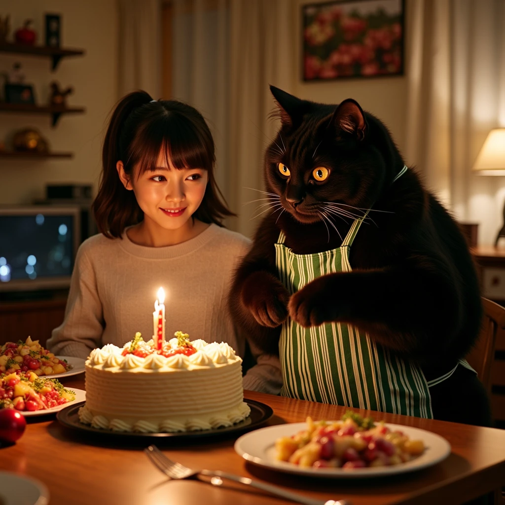 ultra-realistic, photorealistic, dramatic scene, shadow, global-illumination, (the human-like very large black chubby cat with vertical striped green apron is holding a gorgeously decorated Christmas cake at the dining table in the stylish Japanese apartment room), (A beautiful with cute Japanese 20 years old girl is looking at the cake with candle), (20 years old girl with shoulder-length brown ponytail hair is showing big smile), the girl looks so happy, some plates of many kind of gorgeous delicious food for Christmas dinner are on the table, a TV and table and shelf are in the room, gorgeously decorated with Christmas decorations in the room