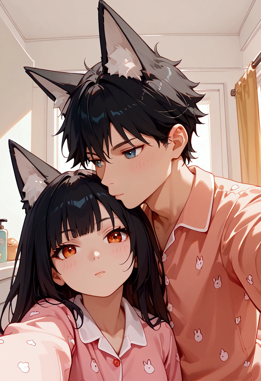 score_9,score_8_up,score_7_up, miyabizzz,James bond, 1girl, 1boy,Fox Black Hair and Normal hair Bathroom, Pajamas, Selfie Shot, Kissing.