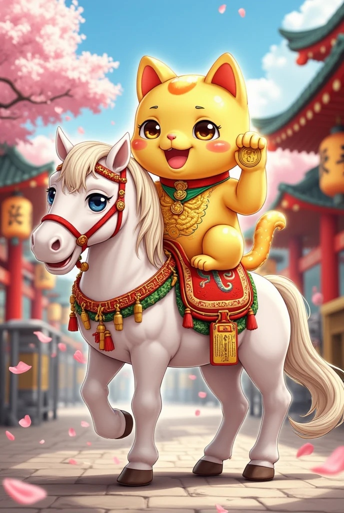 A golden Maneki-neko (beckoning cat) with a dragon-themed collar, designed in a cute and chibi-style anime character aesthetic, is sitting gracefully on the back of a majestic white horse. The Maneki-neko's entire body gleams with a radiant golden shine, exuding an aura of luck and prosperity. The horse is adorned with traditional Japanese ceremonial ornaments, featuring intricate patterns, golden accents, and red tassels, suitable for a sacred Shinto or Japanese festival setting. The Maneki-neko has large, expressive eyes and a cheerful expression, holding a paw up as if beckoning luck, with its other paw holding a small golden coin. The horse stands tall and proud, its mane flowing gently in the breeze, while the glowing golden cat captures everyone's attention. The scene is set in a vibrant Japanese shrine atmosphere, with colorful torii gates, paper lanterns, and sakura petals gently floating in the air. The art style is highly detailed, vibrant, and anime-inspired, blending cuteness and cultural authenticity."

Negative Prompt:
"realistic style, low detail, plain background, blurry image, overly complex designs, dull colors"

Settings:

Style: Anime-inspired, vibrant, detailed
Lighting: Bright and celebratory, with a radiant golden glow around the Maneki-neko
Colors: Rich golds, whites, and reds, with pops of pink from sakura petals