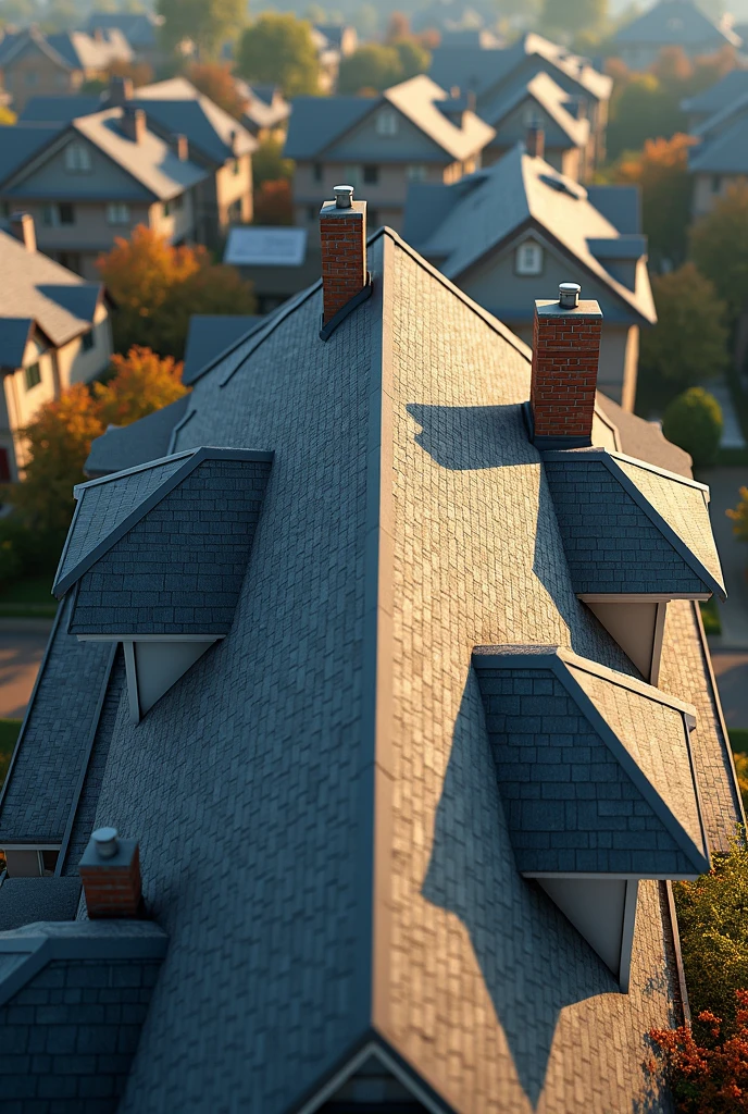 a roof of a common American house with a chimney, the view is from the roof so you can see the other houses. 