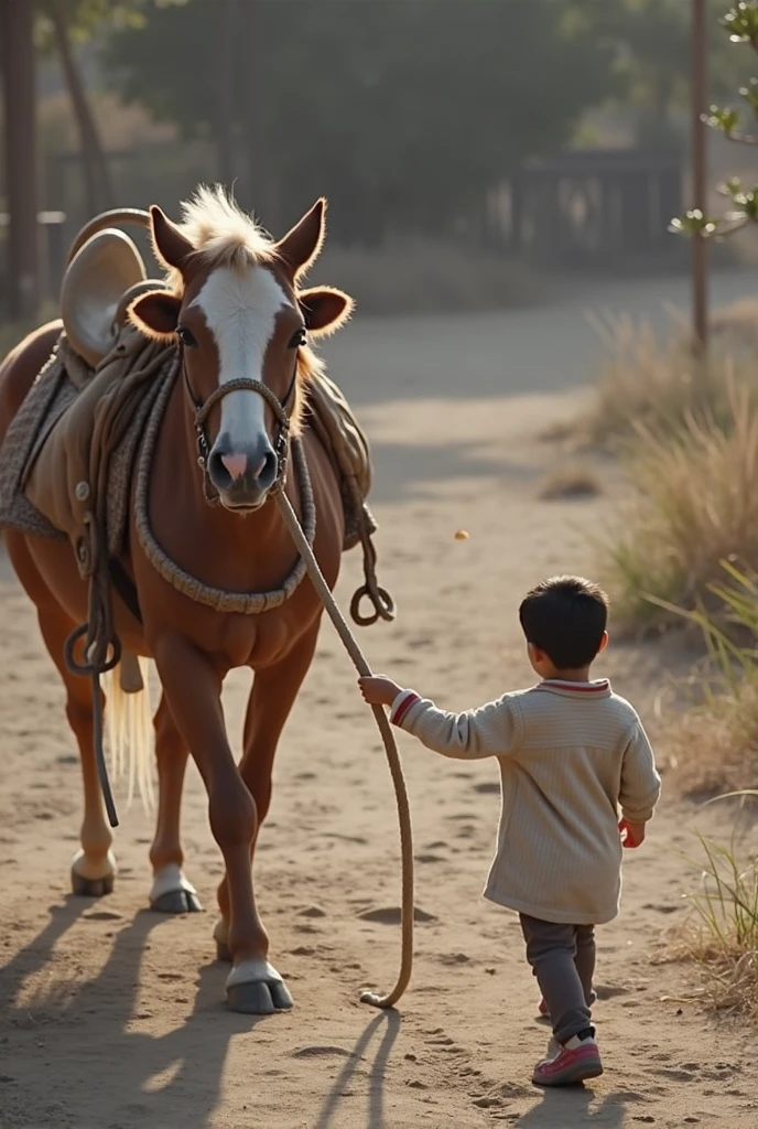 in a wide and windy field, a boy was seen carrying his pet pony


