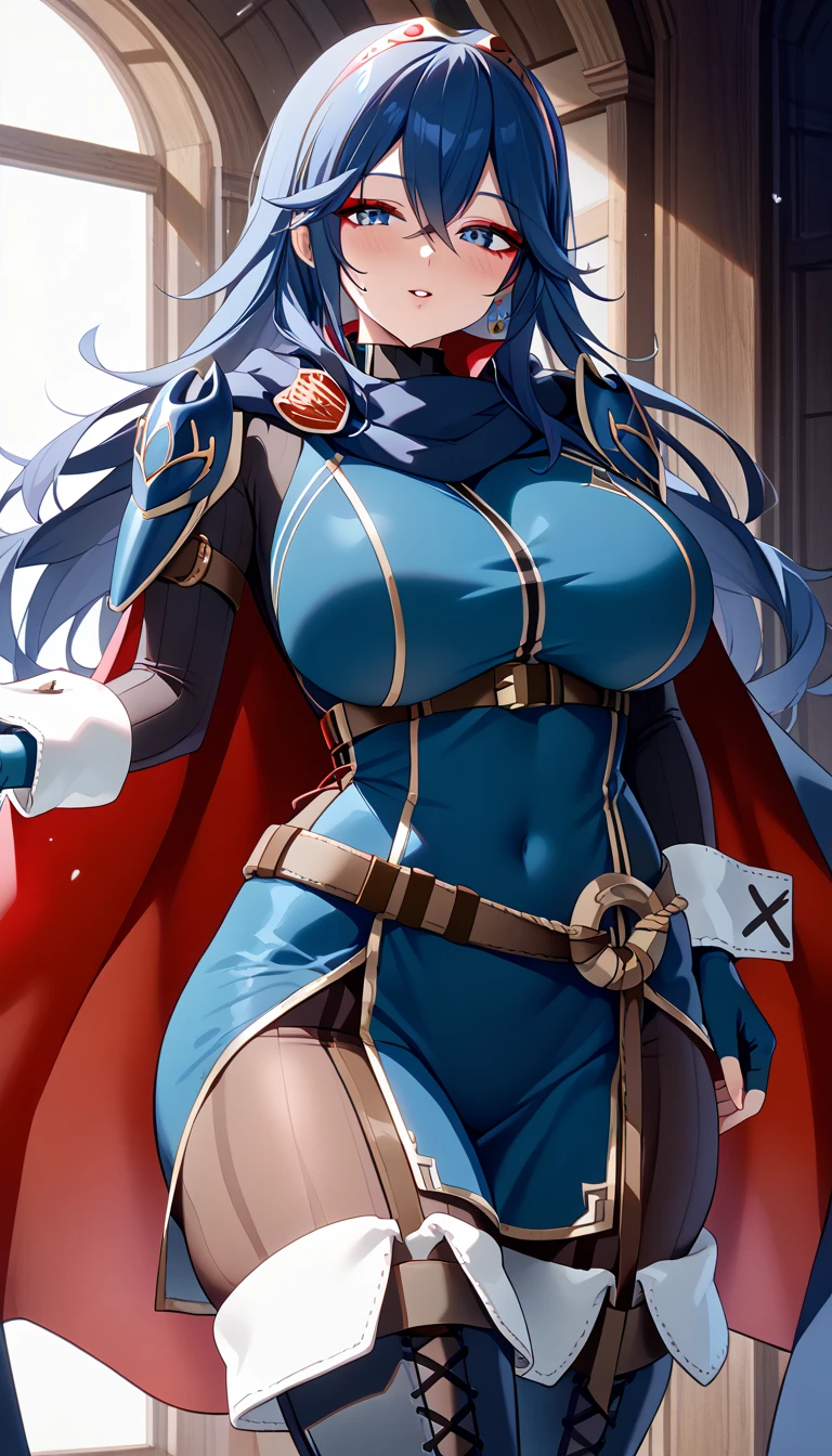 (from front)、 nsfw 、score_9, score_8_up, score_7_up, source_anime、heavy makeup、(solo)、(masterpiece, detailed:1.2),red eyeshadow、red eyeliner、(20-year-old), 、(horny huge thighs, huge butt, voluptuous body, good proportions:1.2)、(huge breast:1.3)、 smaller face、a sultry look、 estrus、seduce、give an enraptured look、seductive、blush、 detailed pretty face、finely detailed beautiful eyes、lady of unmatched beauty、beautiful and symmetrical clear big eyes、huge thighs, (voluptuous body, good proportions)、 (huge ass:1.2)、 1 lady、 (defLuci, long hair, tiara, cape, shoulder armor, blue tunic, long sleeves, cuffs, blue scarf, fingerless gloves, belt, pants, thigh boots)、 loking at viewer、(slender waist)、(Whittled waistline:1.3)、sweat、 (washboard stomach:1.3)、beautiful lady、long eyelashes、 face of perfect proportion