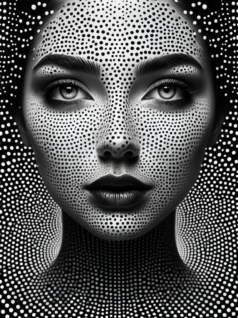 Dark Dot art, monochrome art, dot psychedelic art, grayscale, surreal image. High concentration of various sulfur dots. Among the chaos of gray dots, an optical illusion in the form of the outline of the eyes, nose and mouth of a mystical female face stands out among the gray dot fog, a gradient, many gradations of gray. Psychedelics. Dark surrealism. A dark and frightening atmosphere. Psychological stress.