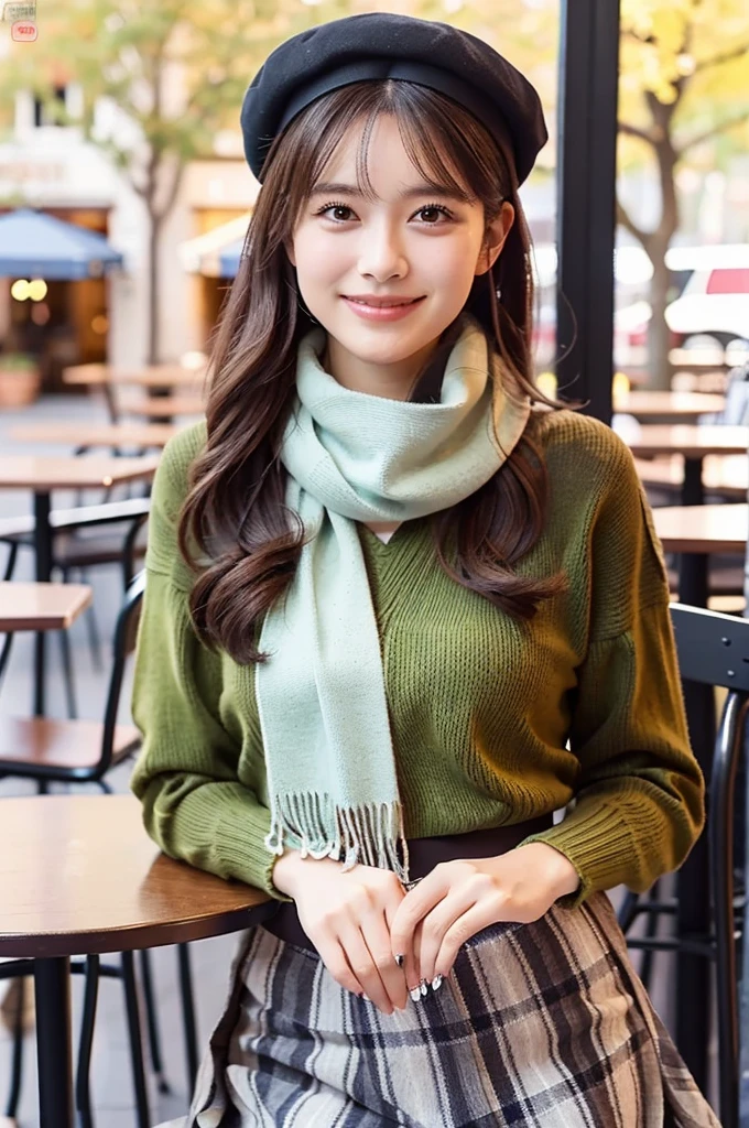 (masterpiece, best quality, perfect anatomy, highres, 8k, realistic, photorealistic, natural skin texture, no makeup:1.2), (afternoon:1.5), 1girl, solo, Japanese, age20, female university student, very cute, (large breasts:1.4), sitting at an outdoor café terrace, (She rewraps her knit scarf with a devilish smile:1.5), her mini skirt and beret adding charm to her autumn outfit, Her long, straight hair is lightly swayed by a gentle breeze, creating a welcoming and warm scene, The café terrace is decorated with autumn leaves and cozy furniture, vertical composition, jp idol, inugao