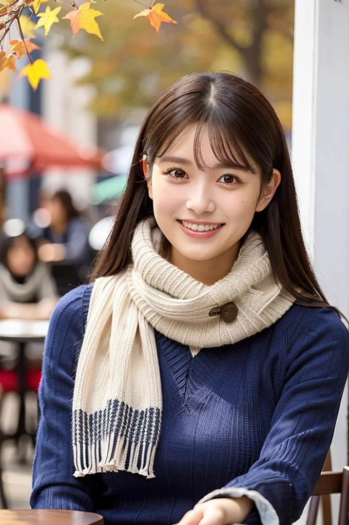 (masterpiece, best quality, perfect anatomy, highres, 8k, realistic, photorealistic, natural skin texture, no makeup:1.2), (afternoon:1.5), 1girl, solo, Japanese, age20, female university student, very cute, (large breasts:1.4), sitting at an outdoor café terrace, (She rewraps her knit scarf with a devilish smile:1.5), her mini skirt and beret adding charm to her autumn outfit, Her long, straight hair is lightly swayed by a gentle breeze, creating a welcoming and warm scene, The café terrace is decorated with autumn leaves and cozy furniture, vertical composition, jp idol, inugao