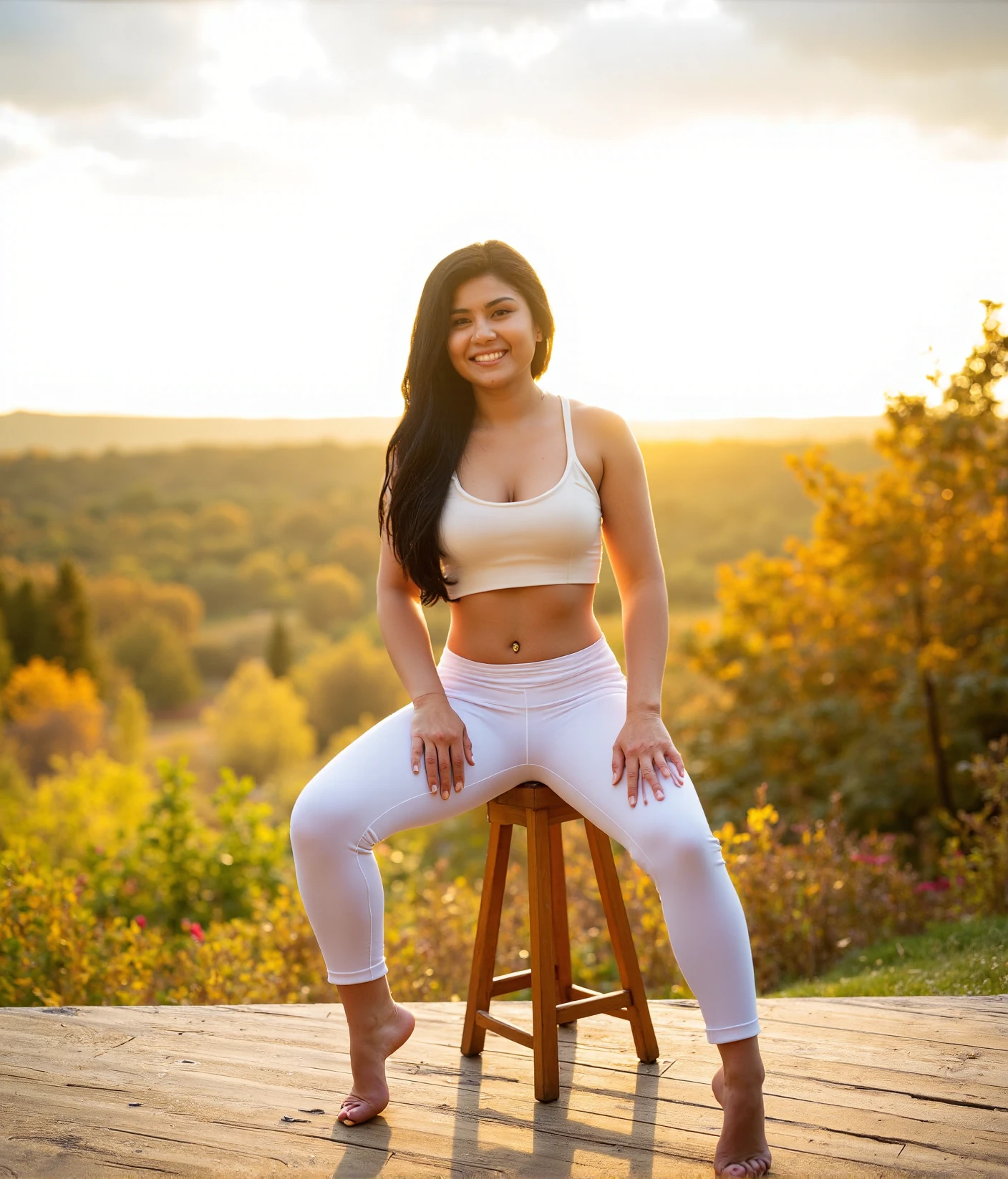 full-body photograph of a woman with black hair. She is wearing white yoga pants and a matching cropped top. She is sitting on a wooden stool, spreading her legs with a seductive smile. She has her big toes on the floor. She is on a beautiful wooden patio overlooking a wide open landscape in autumn. The sunlight is golden, the sky is clear with some white clouds.
