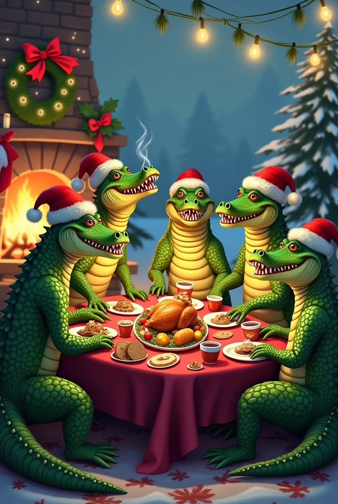 Ice dragon, (Dark blue), hero view, action pose, beautiful extremely detailed piercing eyes, sitting with female Epoch Elves, (pointed ears:1.3) enjoying a Christmas meal together, detailed background, fireplace, Christmas tree, candles <lora:ice_dragon_xl_v1:1>, detailed skin texture, (blush:0.5), (goosebumps:0.5), subsurface scattering, real skin, intricately detailed eyes and lips, (roasted green dragon on platter) stuffing