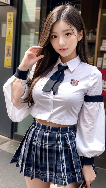 UHD, Masterpiece、Sharp Body、 Ultra Beauty High ****** Girl、 mini plaid skirt with sleeves over wrists、Omakase Super Tight Uniform 、Big Breasts、sharp beauty、