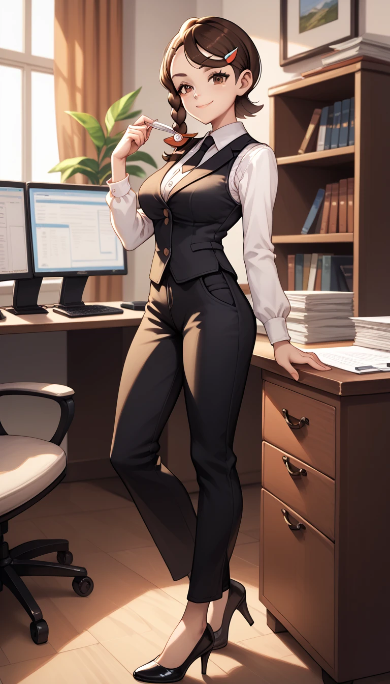 Solo, pokemonjuliana, braid, brown eyes, brown hair, hair ornament, hairclip, side braid, single braid, swept bangs, black sleeveless vest, black wide pants, high heels, white blouse, long sleeve blouse, indoors, office, standing, smug look, large breasts,