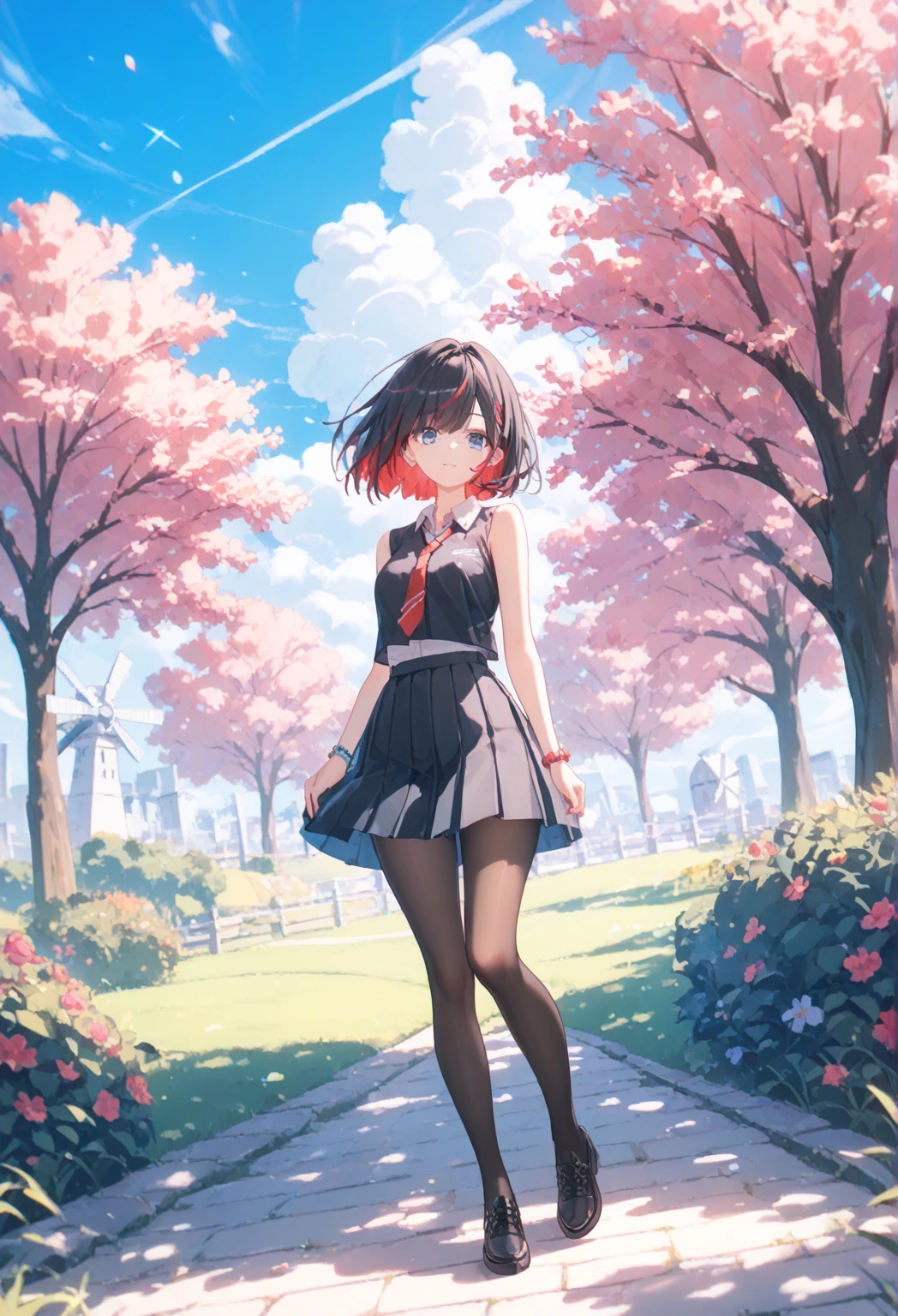 (comic cover:1.5),masterpiece, best quality, 1girl,young girl, plum_pie eyes, brown, choppy bob,envious _face,shiny skin,medium breasts,nice leg line:1.3,thick thighs, thin waist,wearing a blue edgEV_vintage dress,red color high heels, pathway_lined_with_blooming_cherry_blossom_trees,((looking at viewer:1.5)),from behind:1.3,full body <lora:edgEuropean_Vintage:0.6>, <lora:hairdetailer:0.5> ,<lora:more_details:0.5> ,<lyco:GoodHands-beta2:0.7>, <lora:epiCRealismHelper:0.7>, <lora:epiNoiseoffset_v2:0.5>