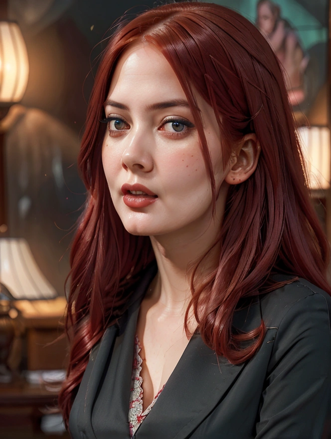 a woman with long pastel RED hair, dark eyes, wearing secretary clothes, detailed face, elegant pose, highly detailed, intricate details, beautiful portrait, dramatic lighting, cinematic composition, vibrant colors, digital painting, concept art style, photorealistic, 8k, masterpiece, Open mouth, perfect figure