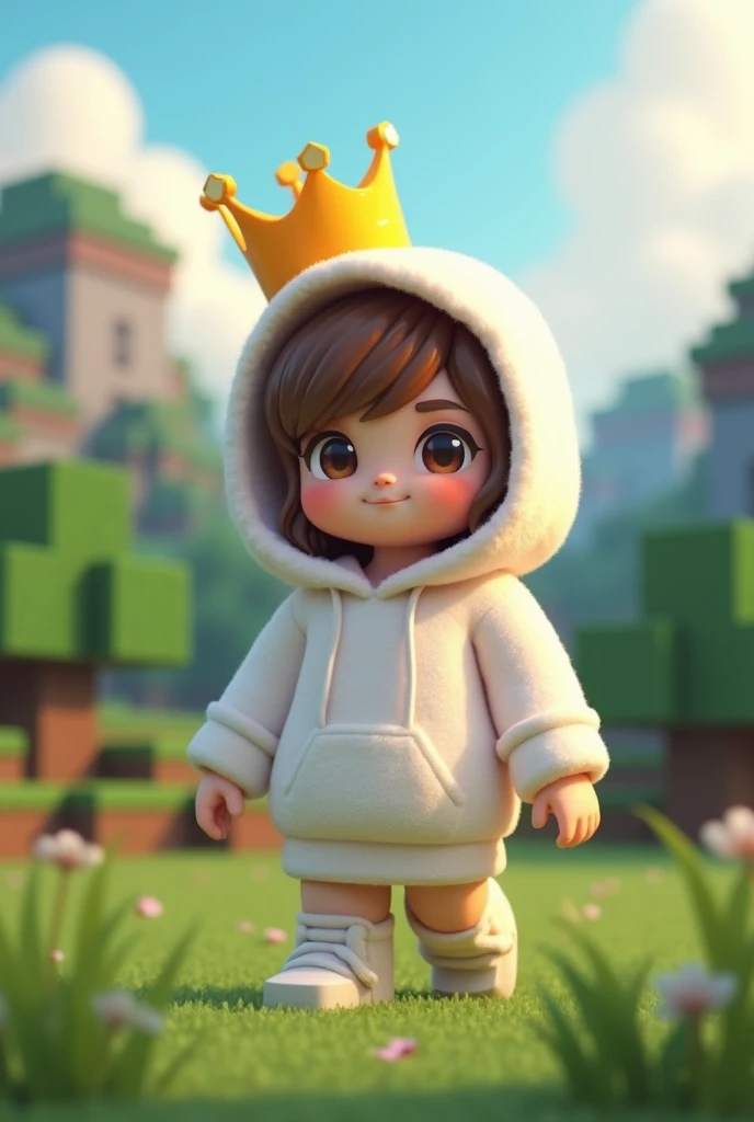 character with crown white clothes with a small  with black sun with  cartoon style Minecraft
