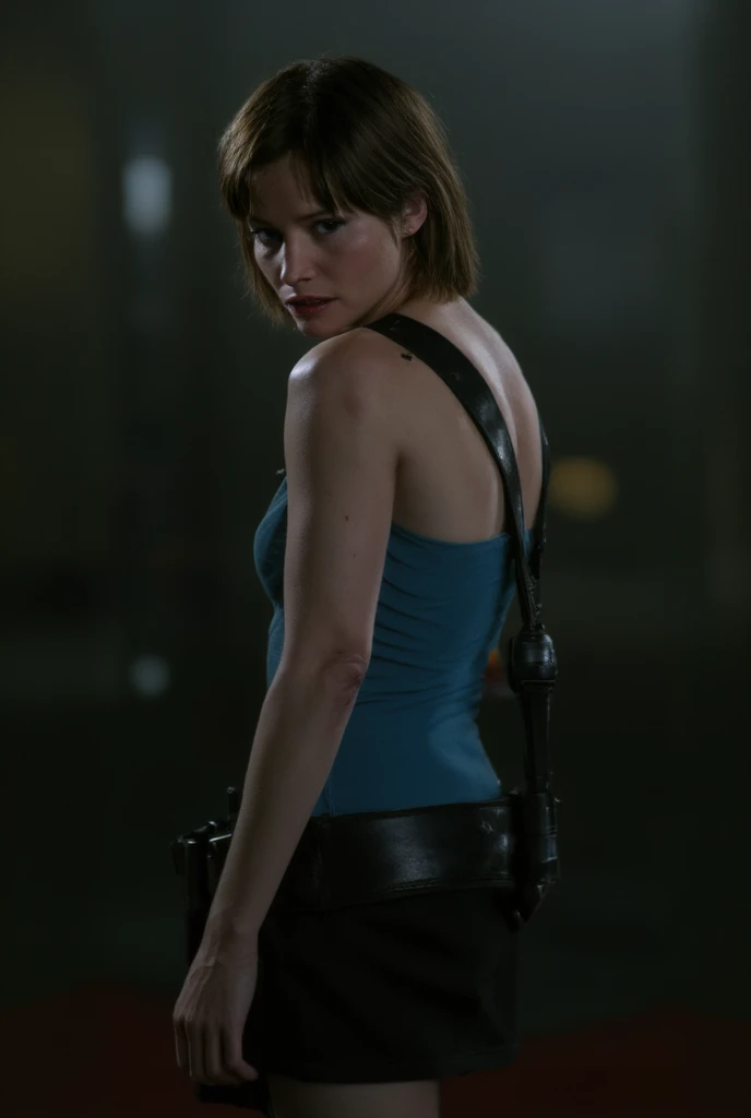 Sienna Guillory as Jill Vlentine from movie Resident Evil Apocalypse, "Black Hair", blue top, short skirt., "view portrait". She is facing sideways. The background of the image is dark, with fog.