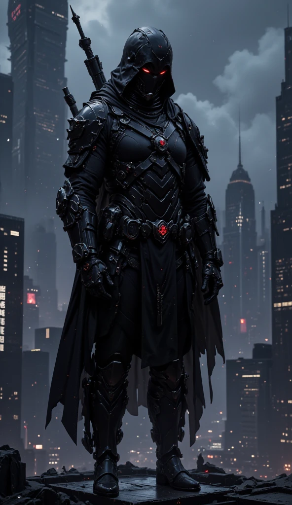 A black leather full-body image 、and a hood, Close-up of a hooded person in invisible armor . wears leather armor, Tights.epic ninja suit, Rogue.Leather fit to cover the whole body. smooth leather .Boy Teenage Assassin , stealth suit , Cyberpunk assassin ,  stand stand at attention on the roof of a skyscraper.Handheld composite mechanical giant bow . black night . Dark atmosphere .Low light.Weak lights cast dramatic shadows. Weird cyberpunk atmosphere . cyberpunk city.Futuristic tech style.
Big crotch bag.collar