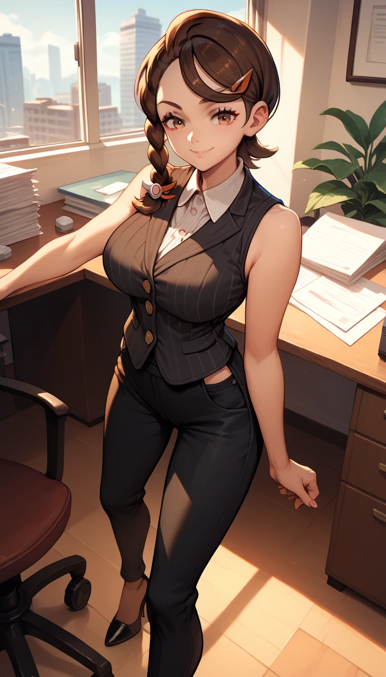 Solo, pokemonjuliana, braid, brown eyes, brown hair, hair ornament, hairclip, side braid, single braid, swept bangs, black sleeveless vest, black wide pants, high heels, indoors, office, standing, smug look, large breasts,