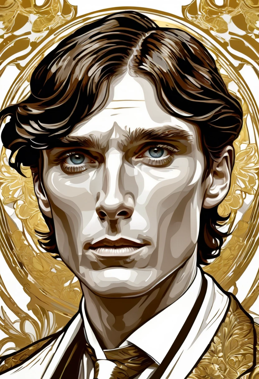 Cillian Murphy,  and sharp intensity of Cillian Murphy's face.ccxl-mucha, Tomás shelby  Art style, gold and wite, retrato,elegant,