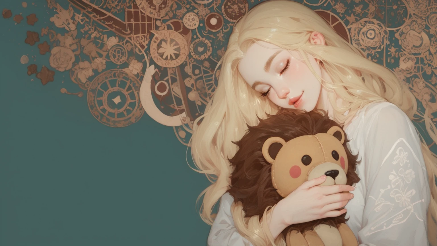  A blonde hair straight long hair Girl . holding cute lion plush doll. girl hair very long .The background is a complex totem, background abstract , Gustav Klimt style , low brightness ,Milky color , golden straight hair ,face close-up,Night image,Golden hair outline , Doll simplified nerdy 